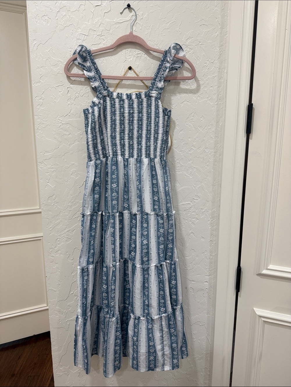 Blue and White Striped Tiered Maxi Dress with Ruffled Straps
